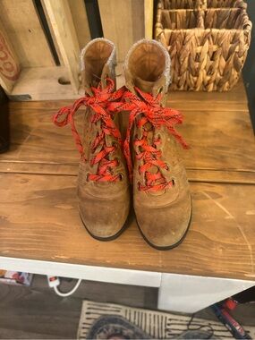 Sorel Kids Brown Suede Boots with Red Lace-Up Accents